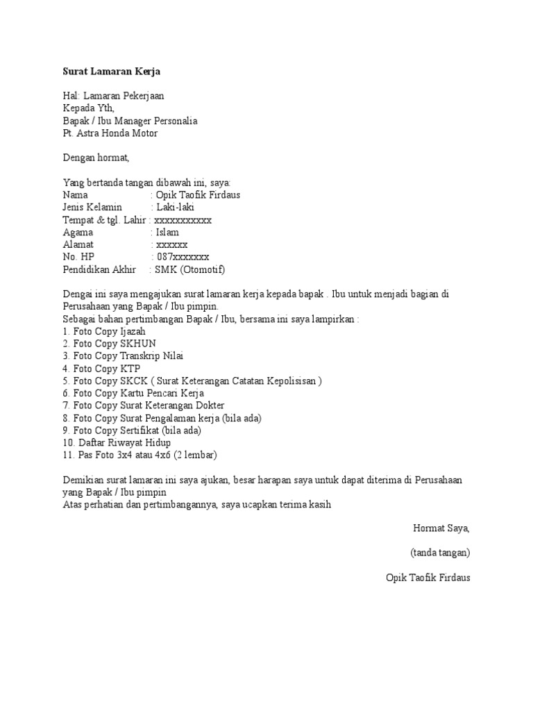 50+ Contoh Surat Lamaran Kerja Tulis Tangan Pt Ahm ...