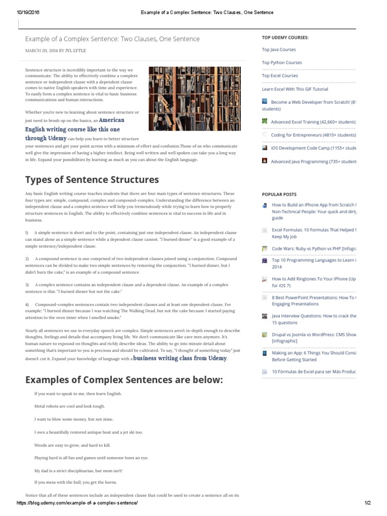 Example of A Complex Sentence - Two Clauses, One Sentence | PDF ...