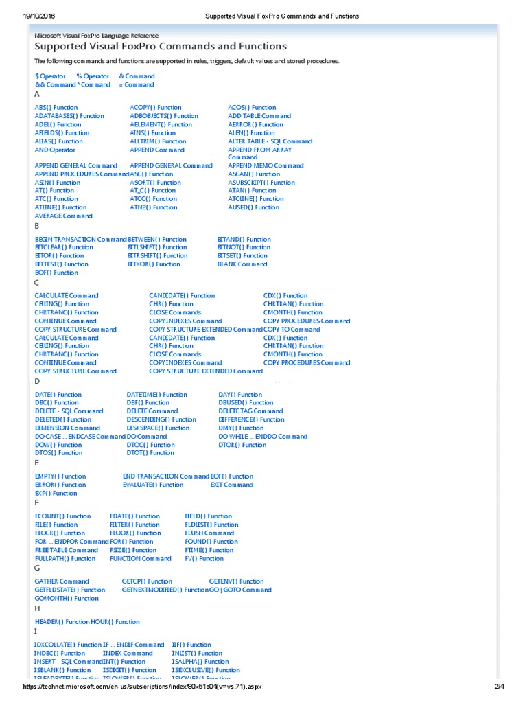Supported Visual FoxPro Commands and Functions Data Data Management