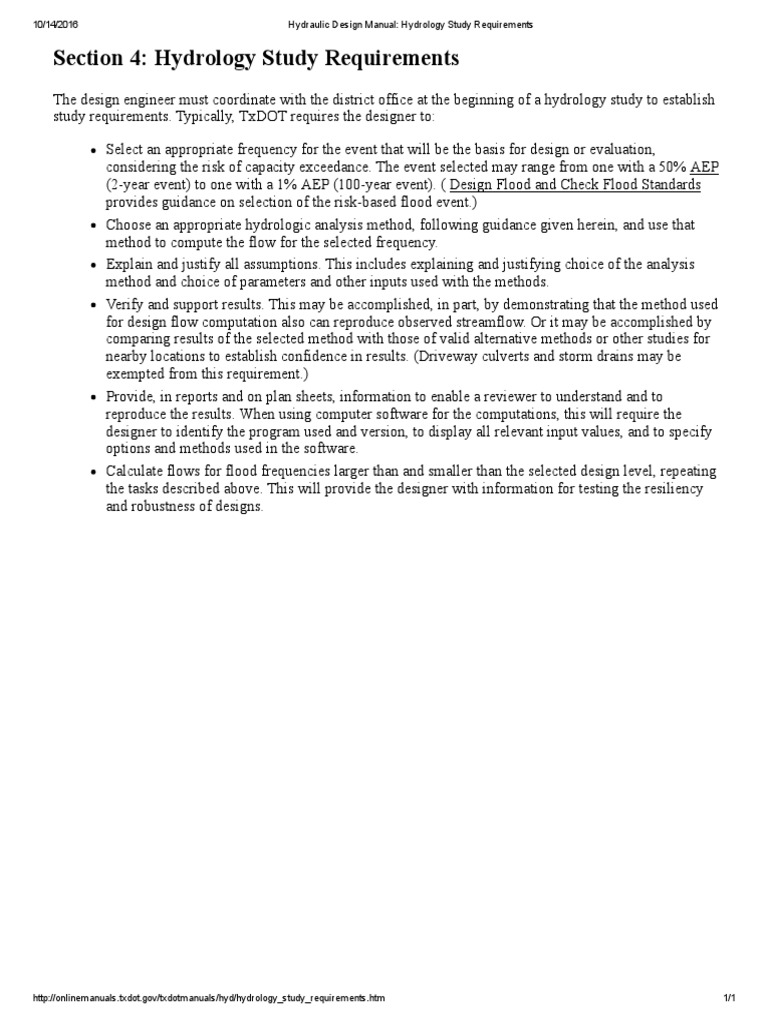 Hydraulic Design Manual Hydrology Study Requirements PDF Flood