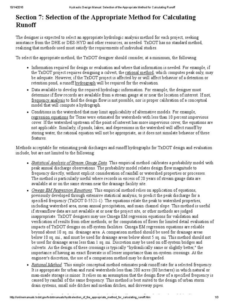 Hydraulic Design Manual Selection of The Appropriate Method For