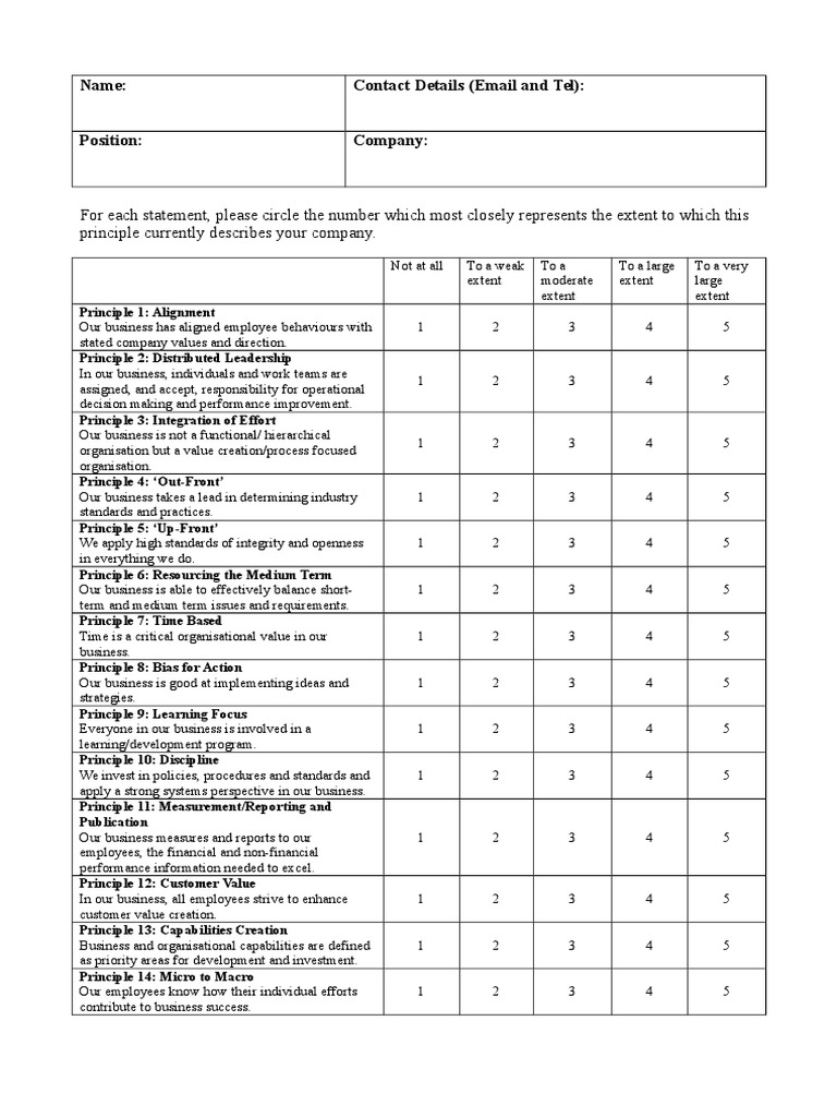 Company Principles Assessment Survey | PDF
