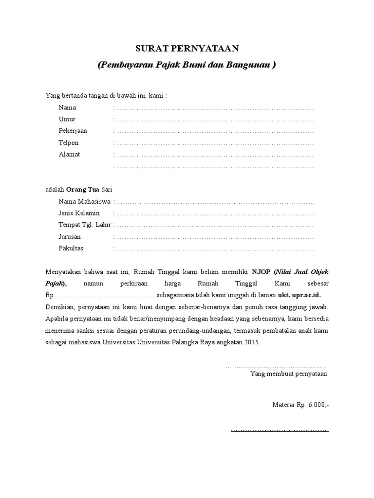 Surat Pernyataan Pajak Bumi Dan Bangunan
