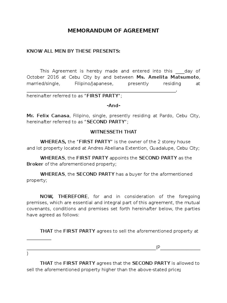 Memorandum of Agreement | PDF | Civil Law (Common Law) | Virtue