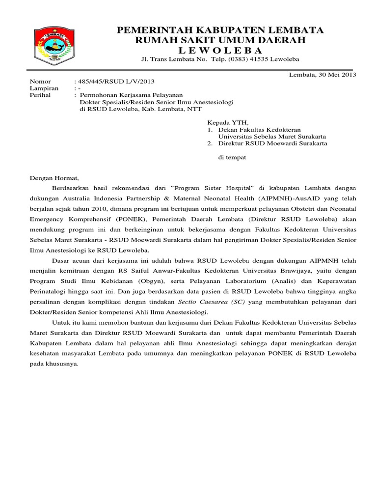 Contoh Surat Permohonan Kerjasama Ke Rumah Sakit - Kumpulan Surat Penting