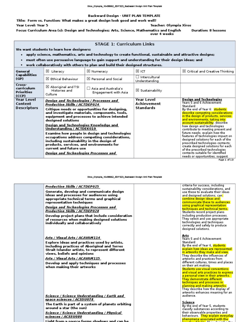 Xiros olympia 16498662 edp323 backward-design-unit-plan-template2-1 | pdf |  design | educational assessment