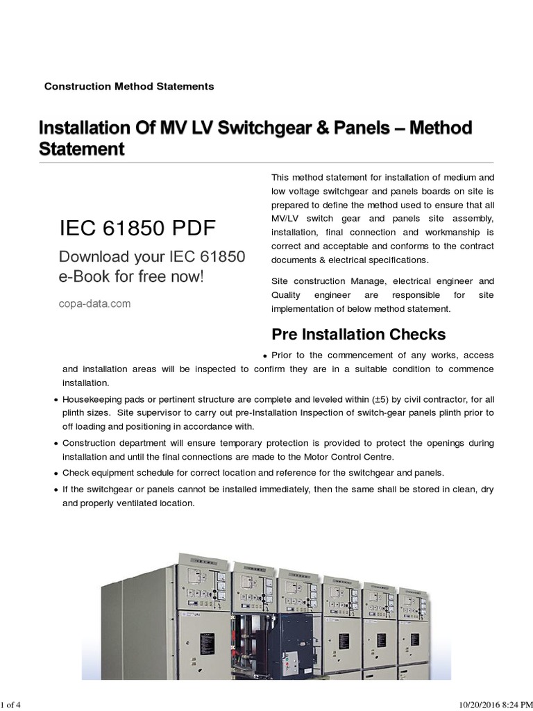 Installation of MV LV Switchgear & Panels - Method Statement | PDF ...