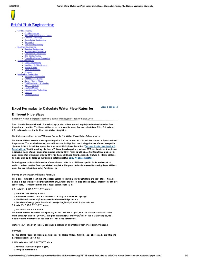 Water Flow Rates For Pipe Sizes With Excel Formulas, Using The Hazen ...