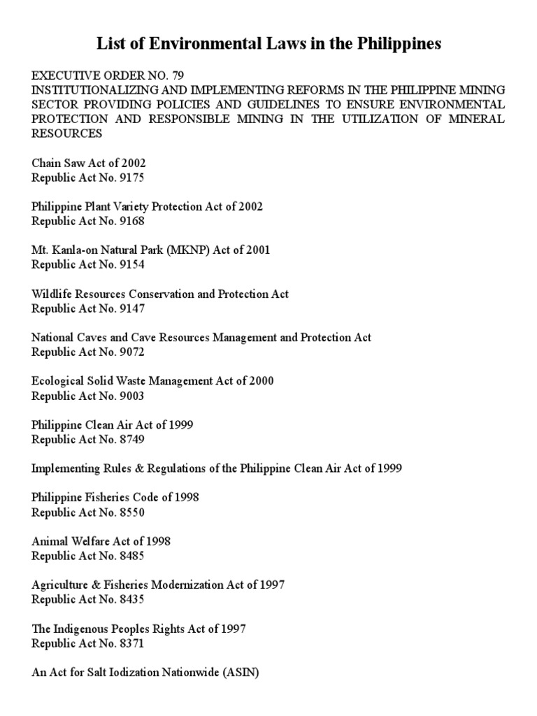 List Of Environmental Laws In The Philippines PDF Environmental Law Agriculture