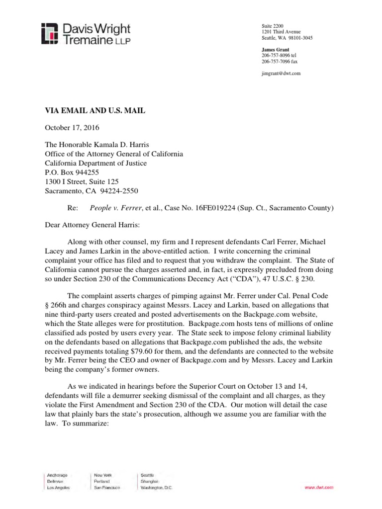 Letter to Attorney General Harris 101716 Backpage Public Law