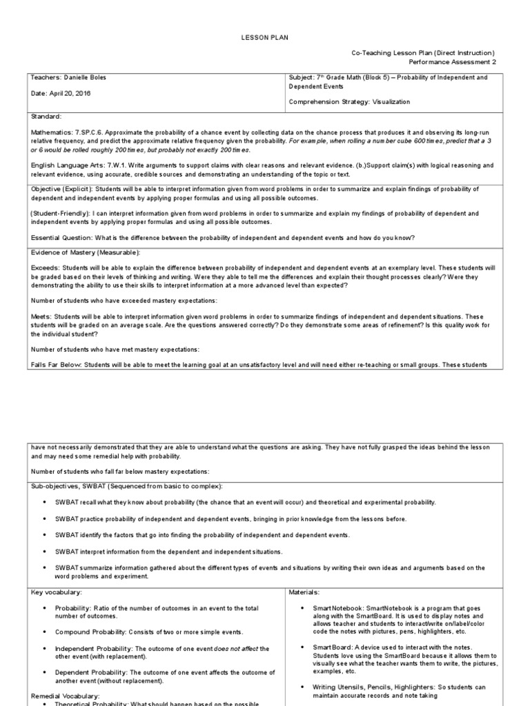 7th Grade Math Co-Teaching Plan: Probability | PDF | Experiment ...