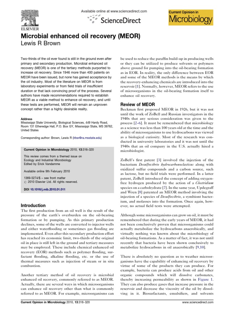 Microbial Enhanced Oil Recovery (MEOR) : Lewis R Brown | PDF | Enhanced ...