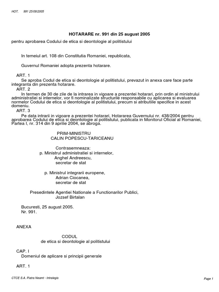 Hotarare Nr 991 Din 25 August 2005 Pdf