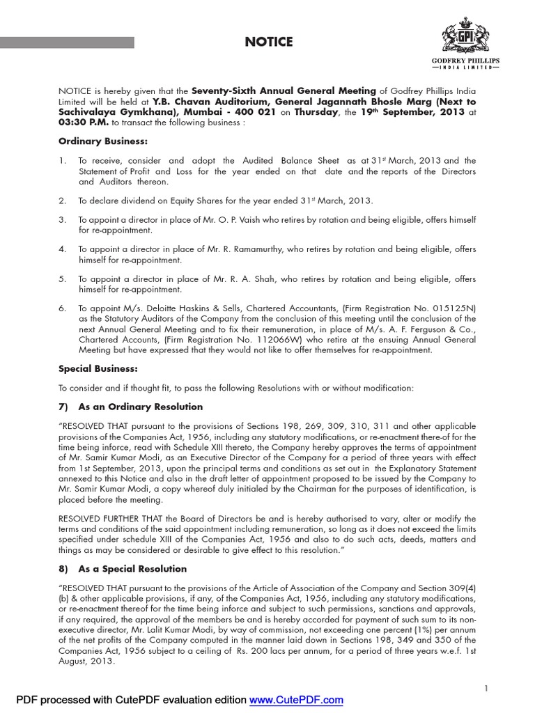 Godfrey Phillips India AGM Notice 2013 | PDF | Inflation | Board Of ...