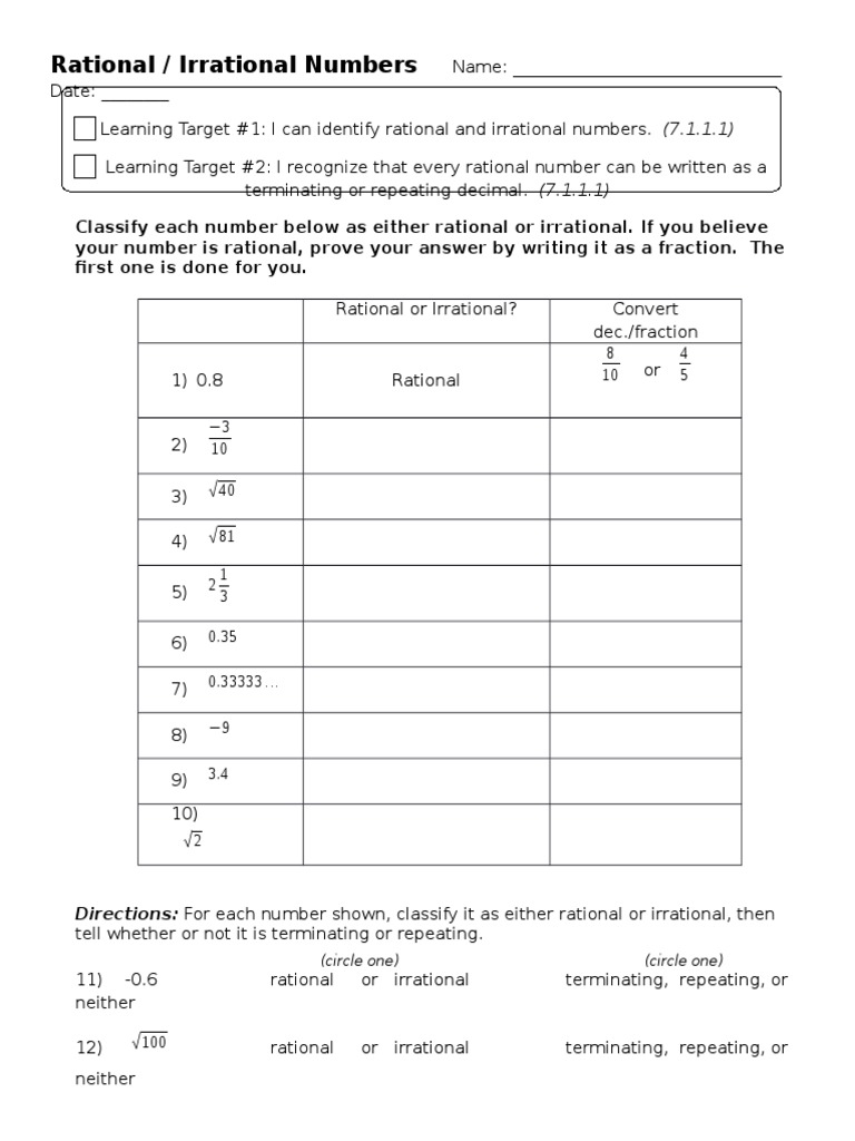 Classifying Rational and Irrational Worksheet  Rational Number For Rational And Irrational Numbers Worksheet