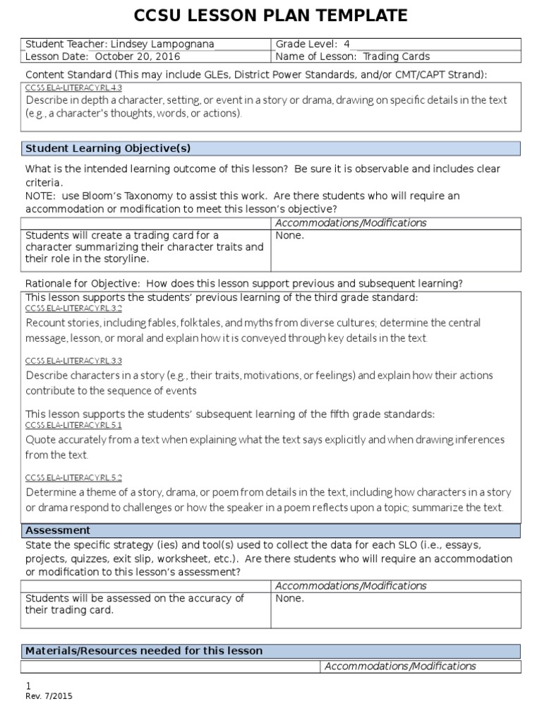 EDT 415 Trading Cards Lesson Plan Learning