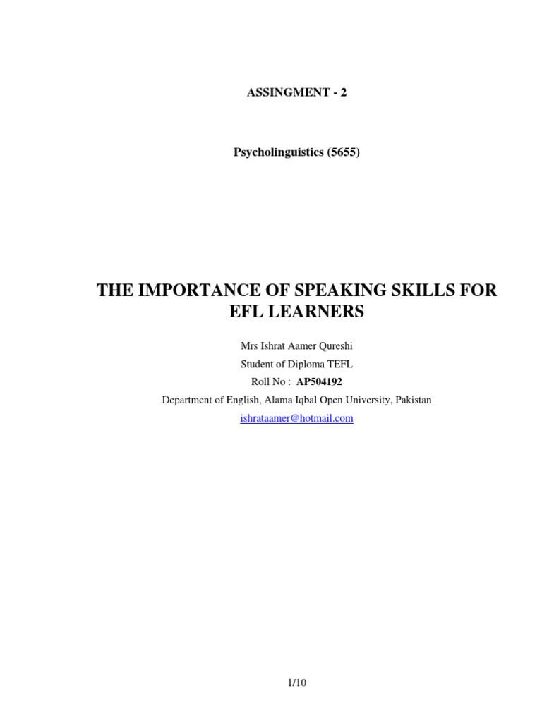 The Importance of Speaking Skills For Efl Learners: Assingment - 2 | PDF