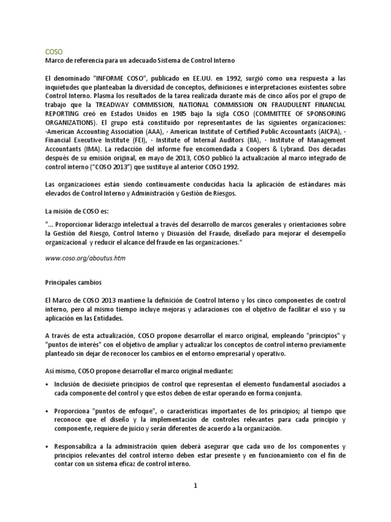 Informe COSO 2013: Actualización de Control Interno | PDF | Sistema de ...