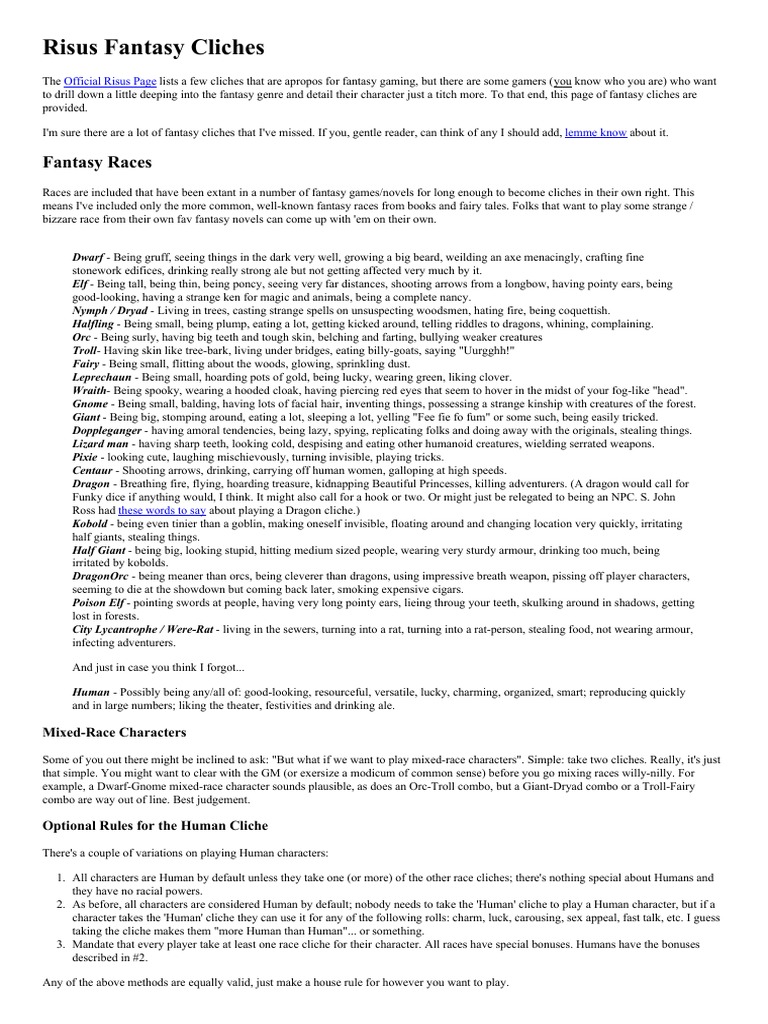 Risus Fantasy Cliches Guide | PDF | General Fiction