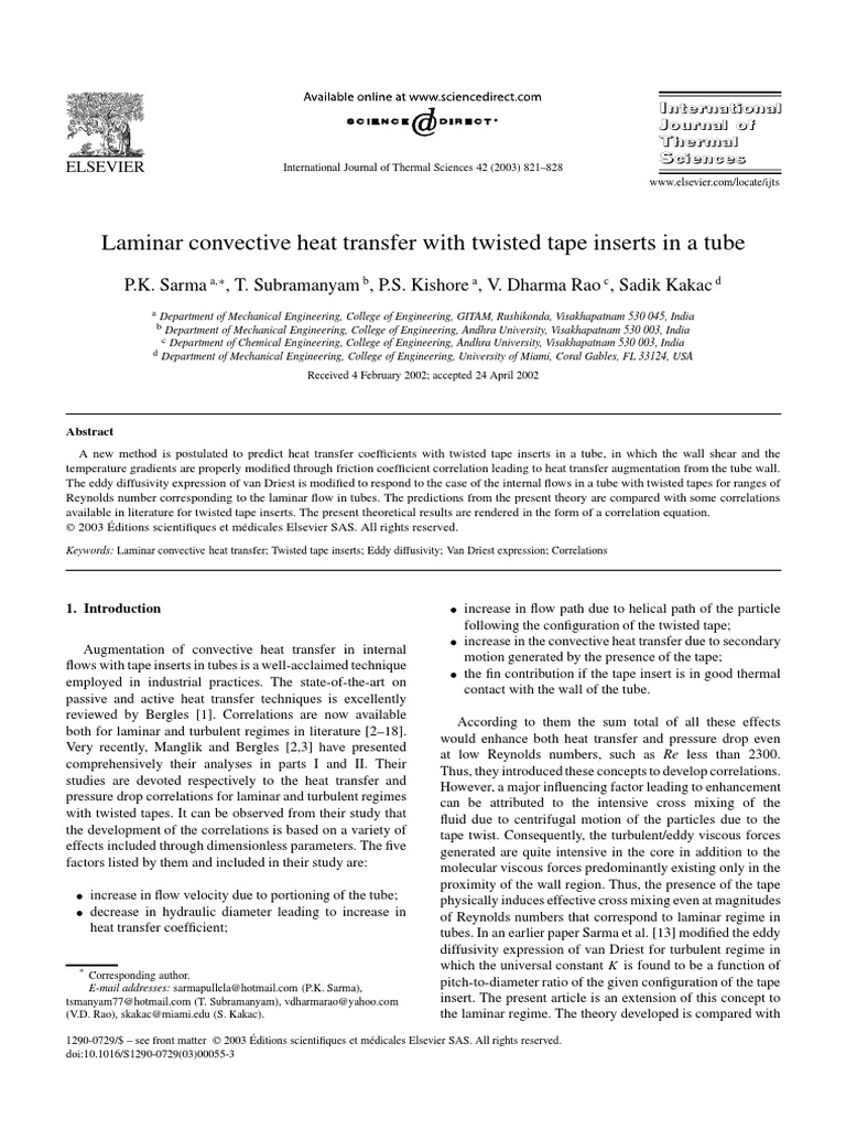 Heat Transfer with Twisted Tape Inserts | PDF | Turbulence | Reynolds ...