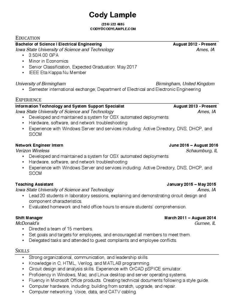 Electrical Engineering Student Resume | PDF | Technology & Engineering