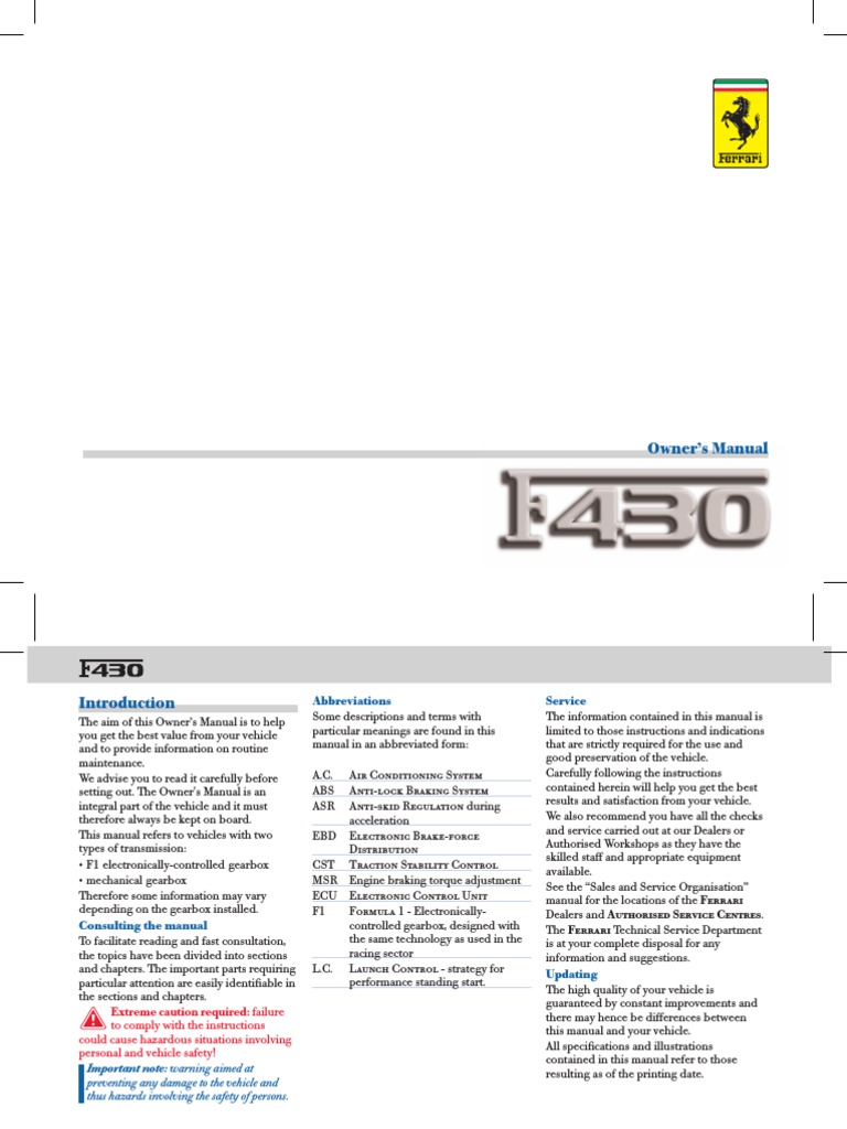 Ferrari F430 Owner Maintenance Manual 1 of 2 | PDF
