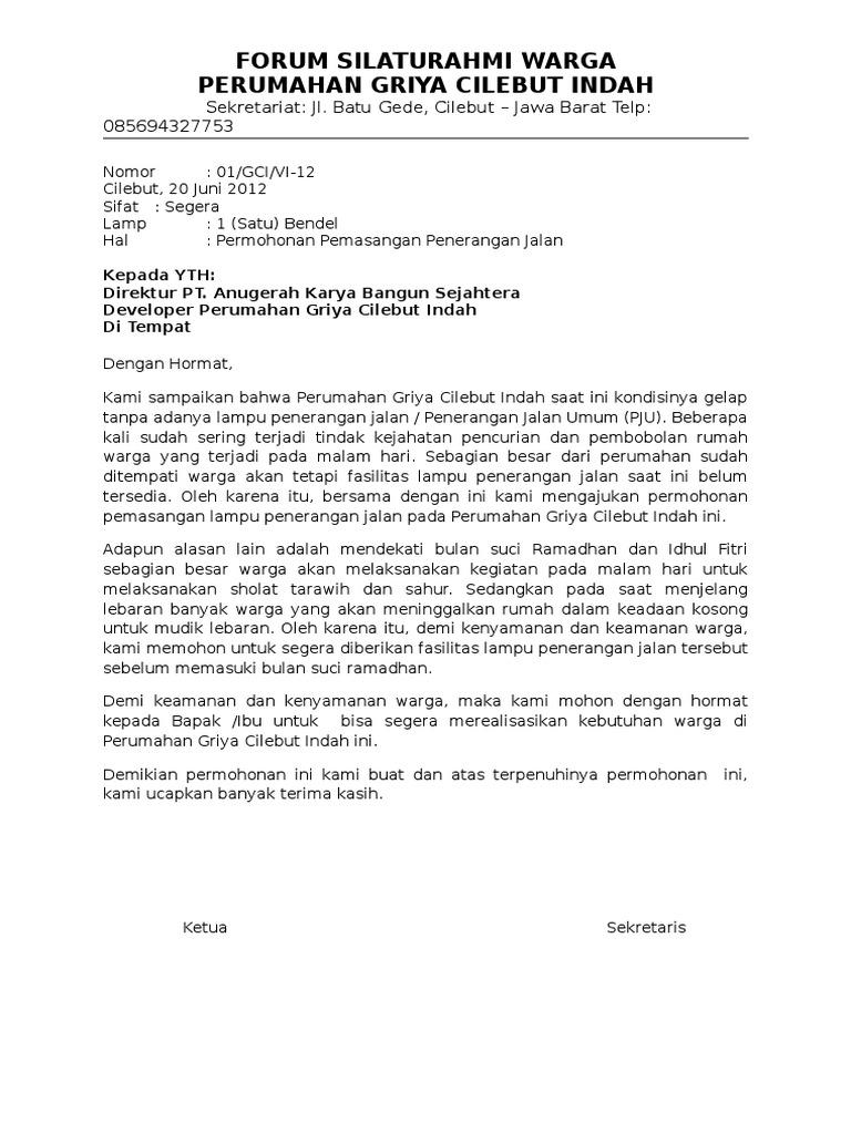 Contoh Surat Mohon Lampu Jalan Tnb