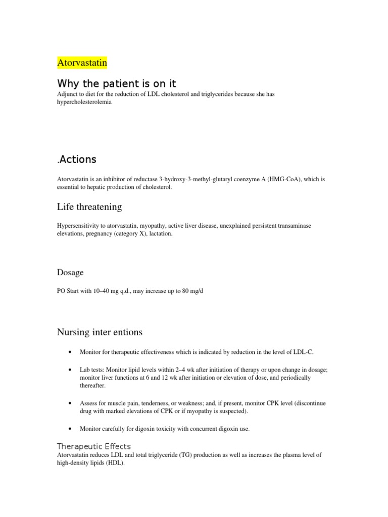 Atorvastatin pharmacological actions therapeutic effects nursing