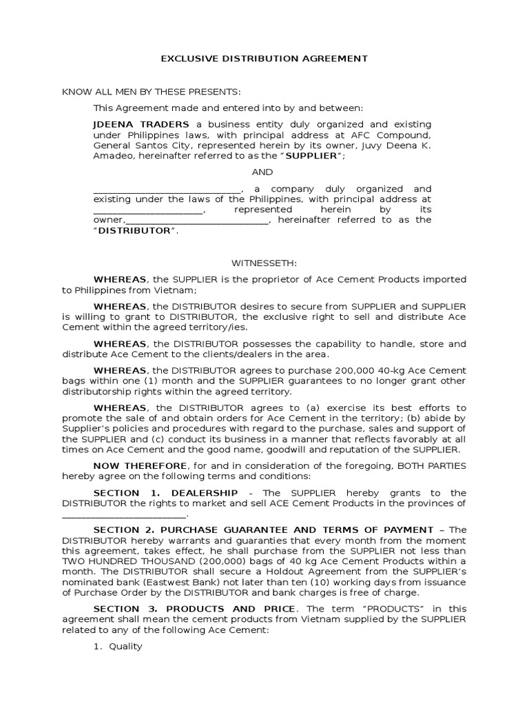 Exclusive Distribution Agreement PDF Guarantee Social Institutions