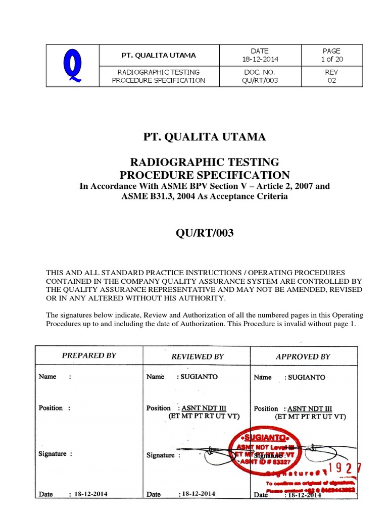Procedure Radiography - QU - RT - ASME B31.3 - 2014 | PDF | Radiography ...