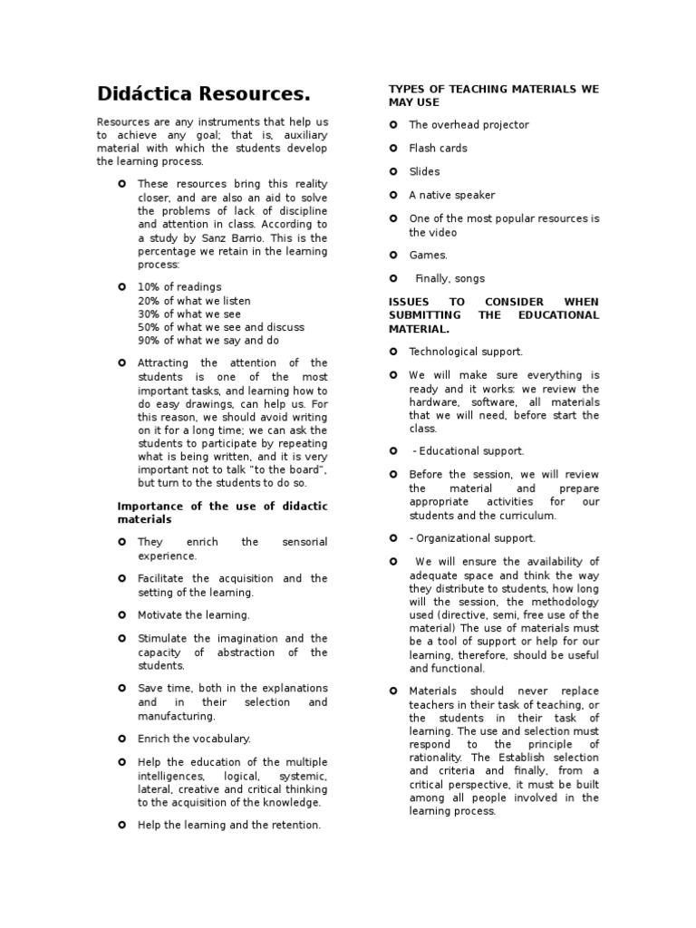 Didáctica Resources. Types of Teaching Materials We May Use PDF Critical Thinking