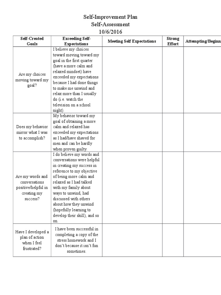 Self-Improvement Plan Evaluation | PDF | Career & Growth | Wellness