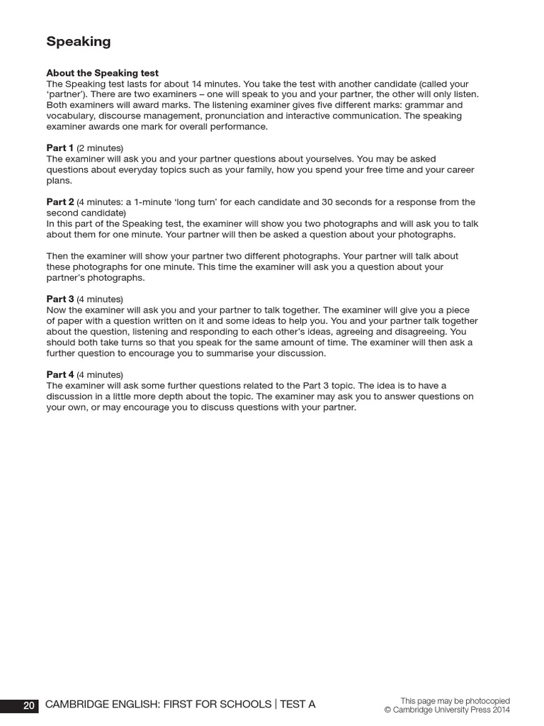 Online Practice Tests First For Schools Speaking A | PDF