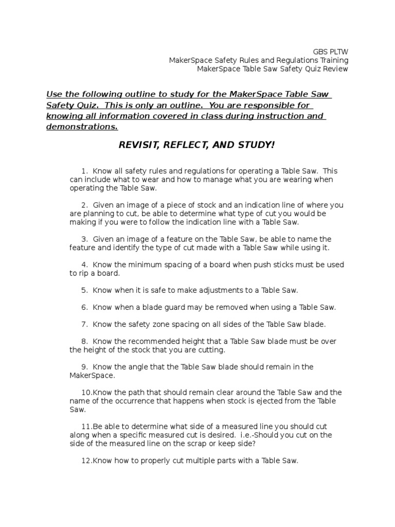 Table Saw Safety Quiz Review PDF