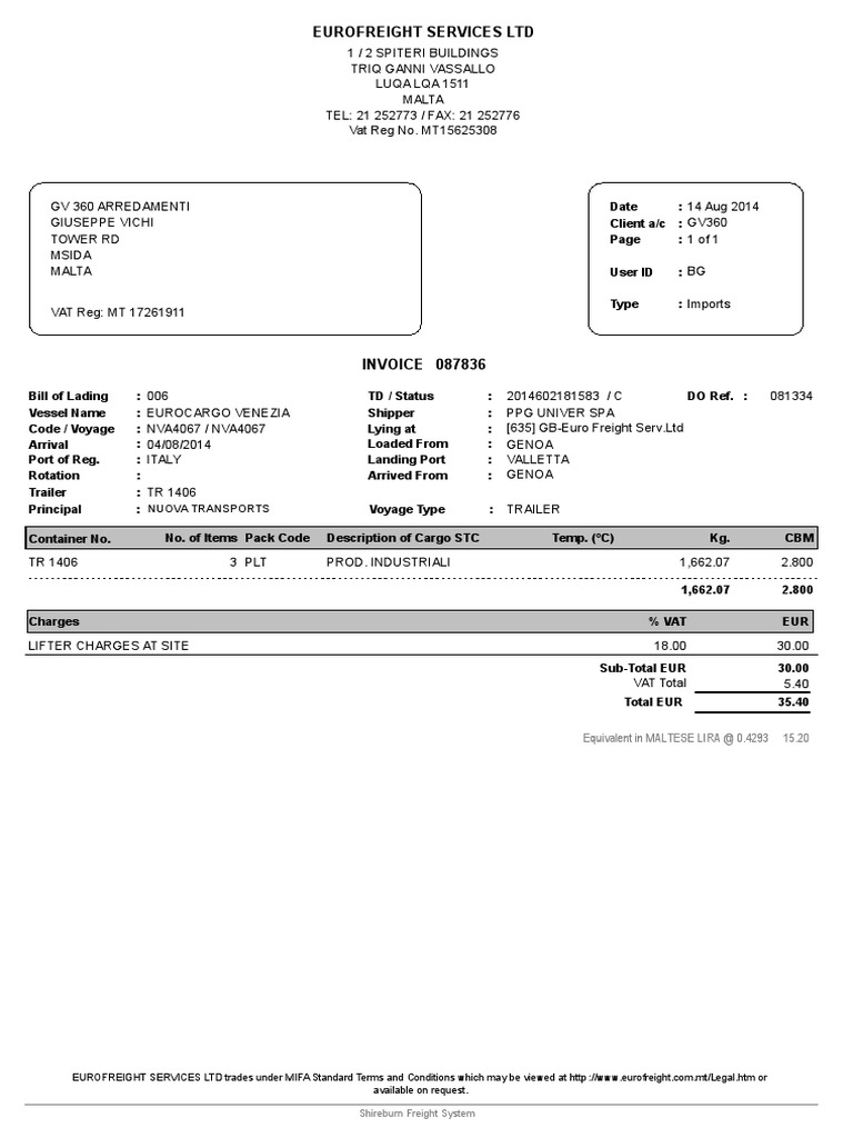 Eurofreight Services Invoice Details | PDF