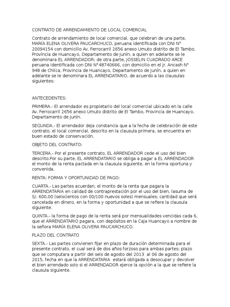 Contrato de Arrendamiento de Local Comercial Alquiler