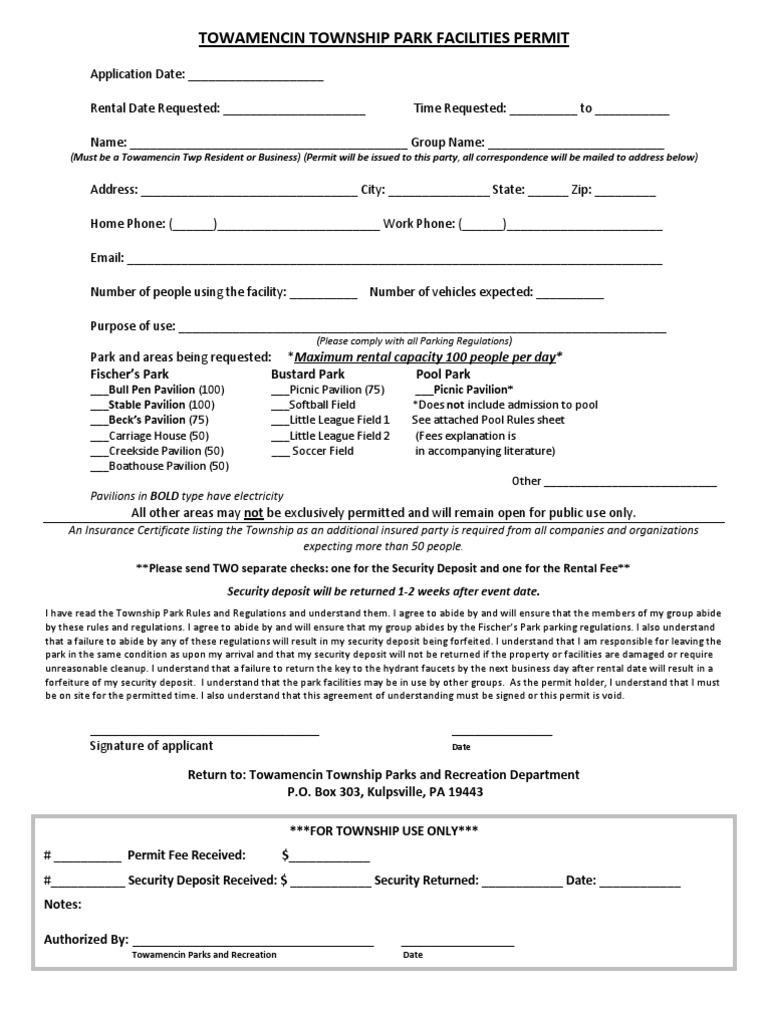 Towamencin Township Park Facilities Permit | PDF | Finance & Money ...