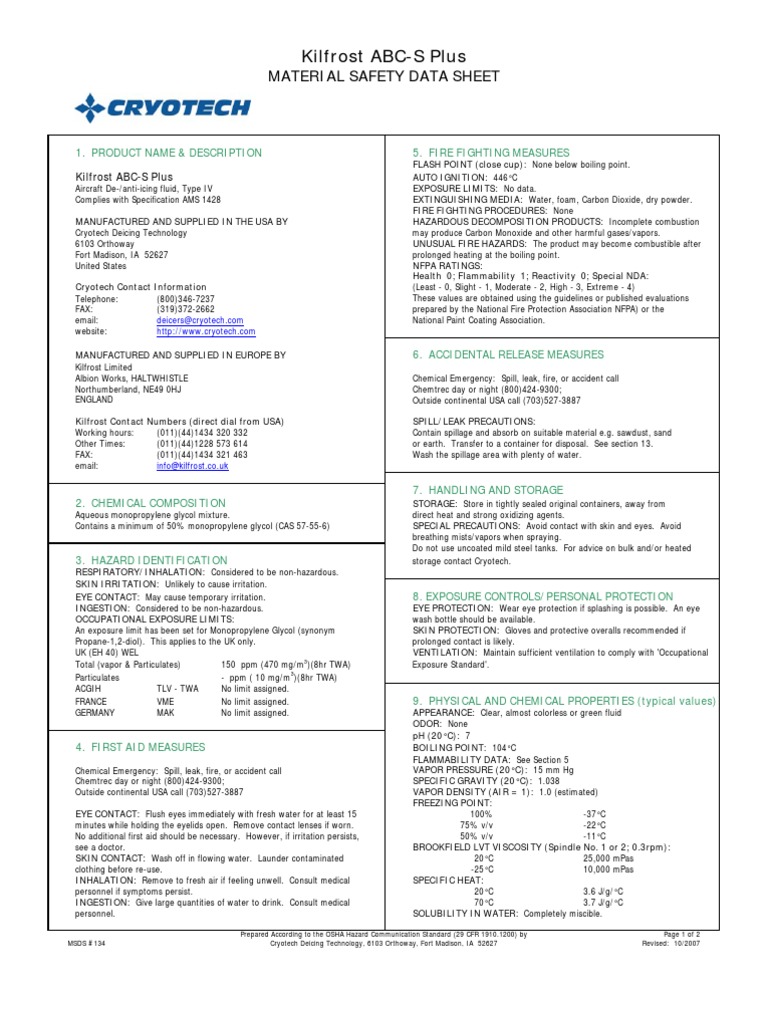 Kilfrost ABC-S Plus MSDS Overview | PDF | Occupational Safety And ...