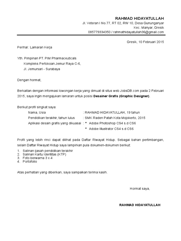 Contoh Surat Lamaran Kerja Daftar Riwayat Hidup