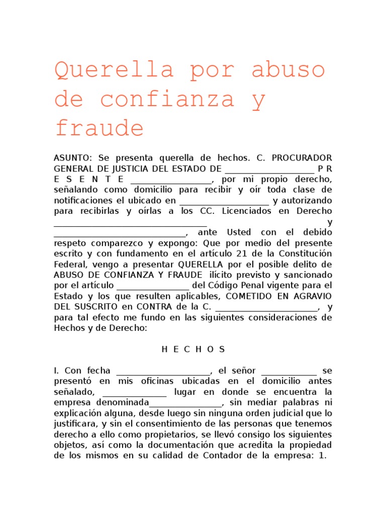 Querella por fraude y abuso de confianza | PDF | Derecho penal | Queja