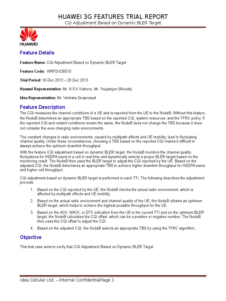 Huawei 3G CQI Adjustment Trial Report | PDF | High Speed Packet Access ...