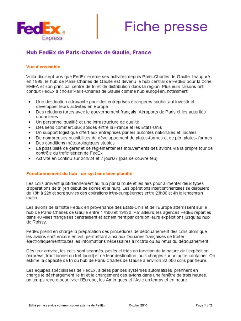 Oct 2016 FedEx Express Roissy CDG Hub Factsheet - FR FINAL | PDF ...