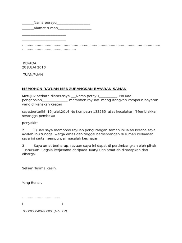 Contoh Surat Rasmi Untuk Kurangkan Kompaun