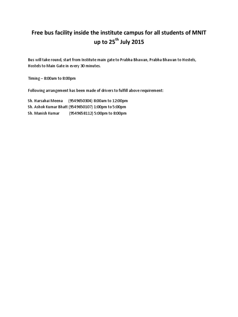 MNIT Campus Bus Schedule Announcement | PDF