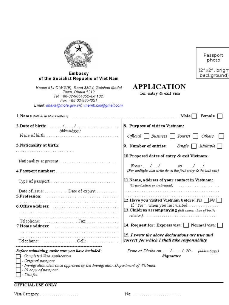 Visa Application Form Vietnam Pdf