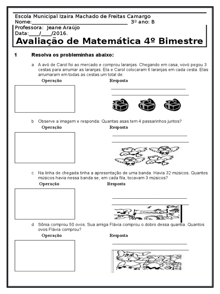 AVALIAÇÃO DE MATEMÁTICA 3º ANO - 4º BIMESTRE - ENSINO FUNDAMENTAL