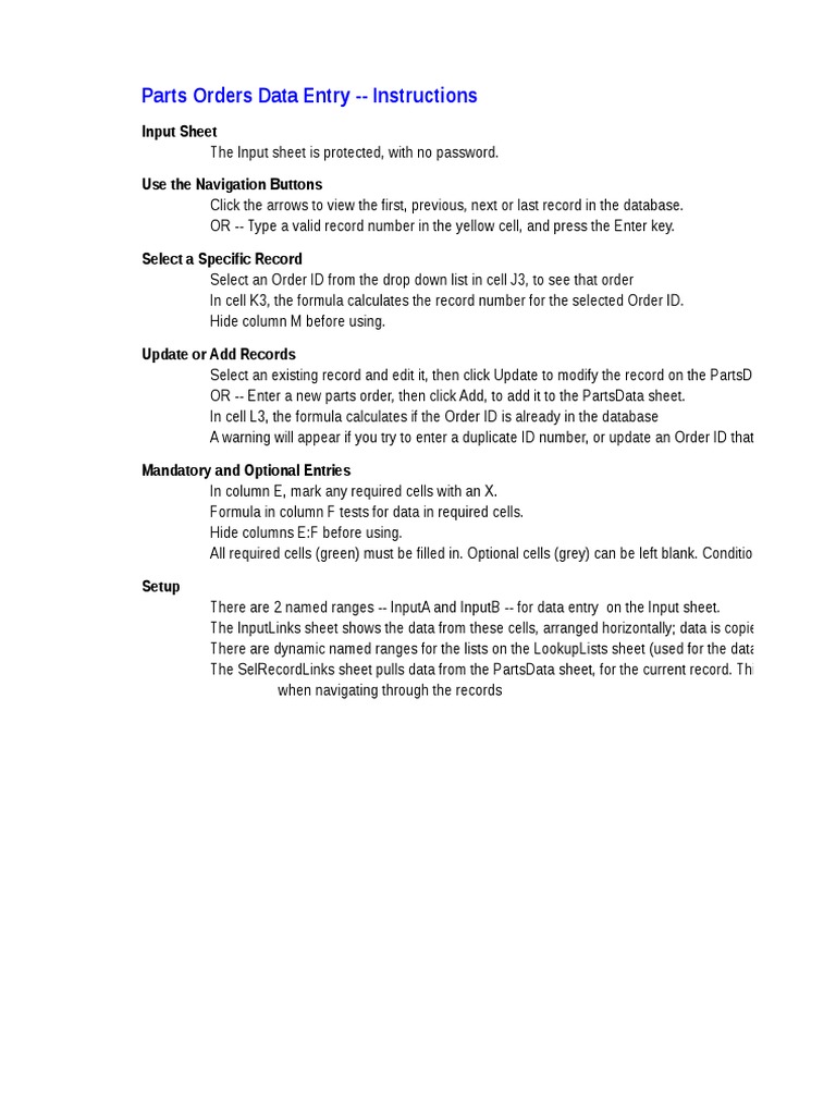 Parts Orders Data Entry - Instructions: Input Sheet | PDF