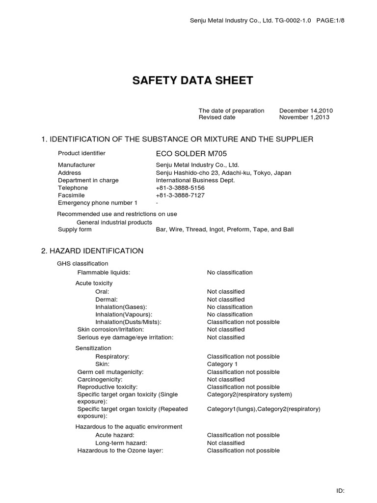 Msds_eco Solder m705 Toxicity Safety