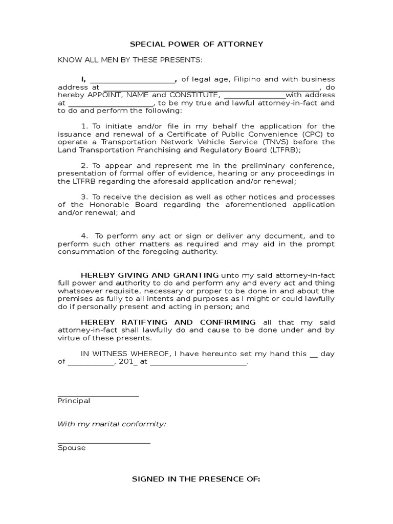 Special Power of Attorney format for Uber