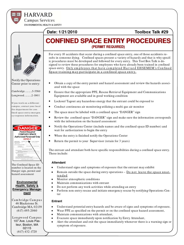 Toolbox Talks Confined Space Entry Proceedures English 0 PDF Safety